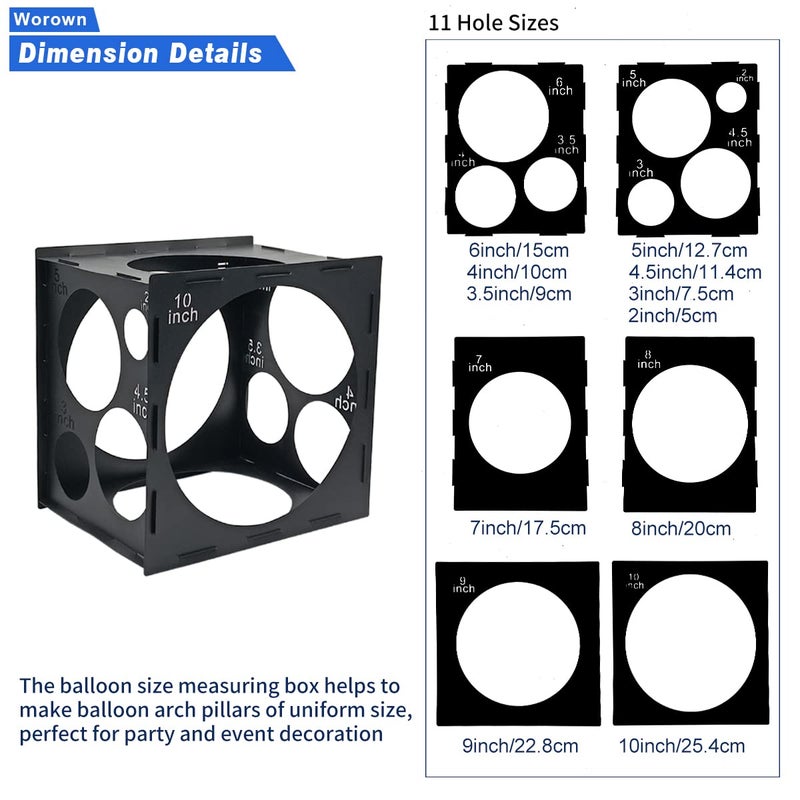 Worown 11 Holes Collapsible Black Plastic Balloon Sizer Box, Balloon Sizer Cube, Balloon Size Measurement Tools for Balloon Decorations, Balloon Arches (2-10 Inch) - Image 2